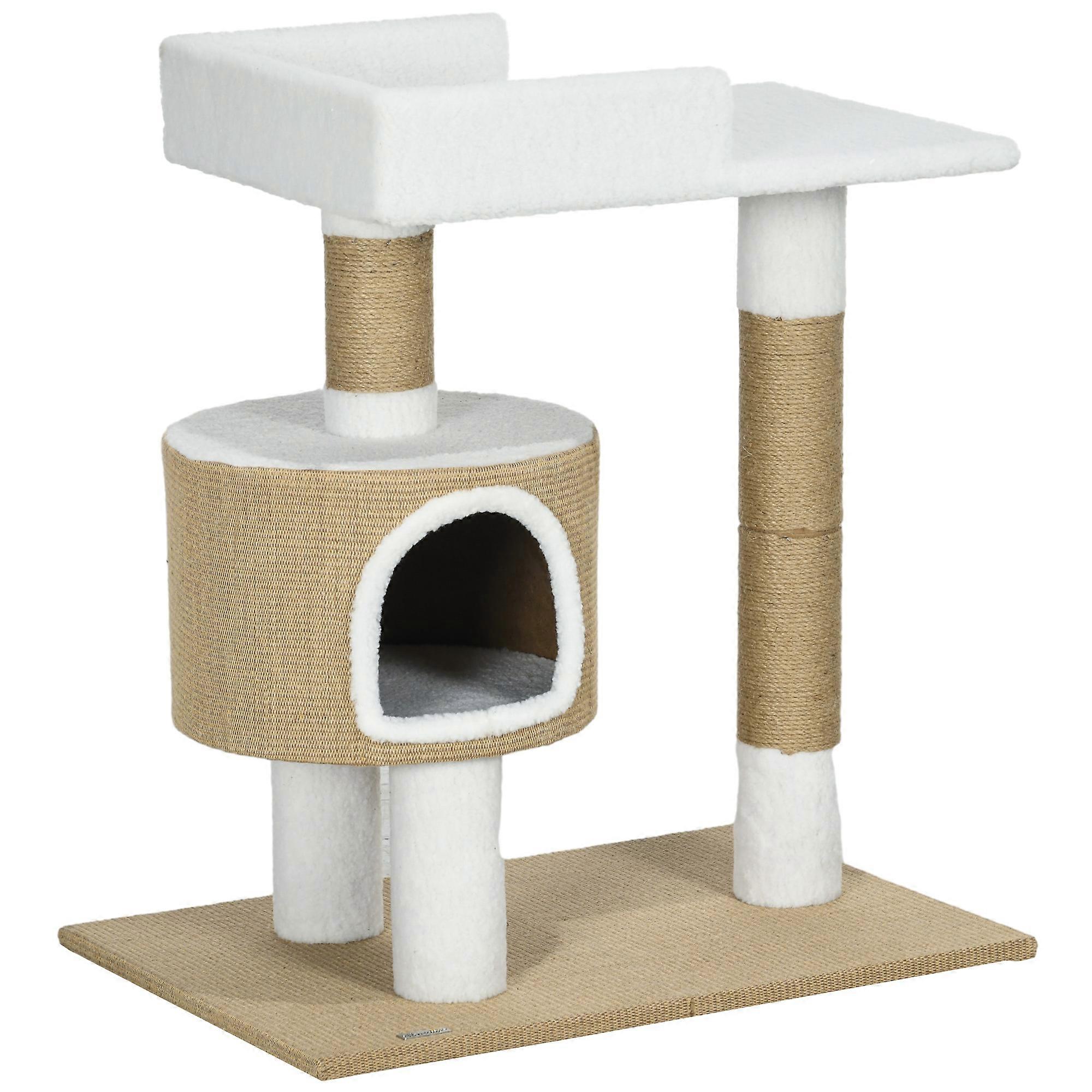 PawHut 79cm Cat Tree Cave Resting Platform Jute Brown White