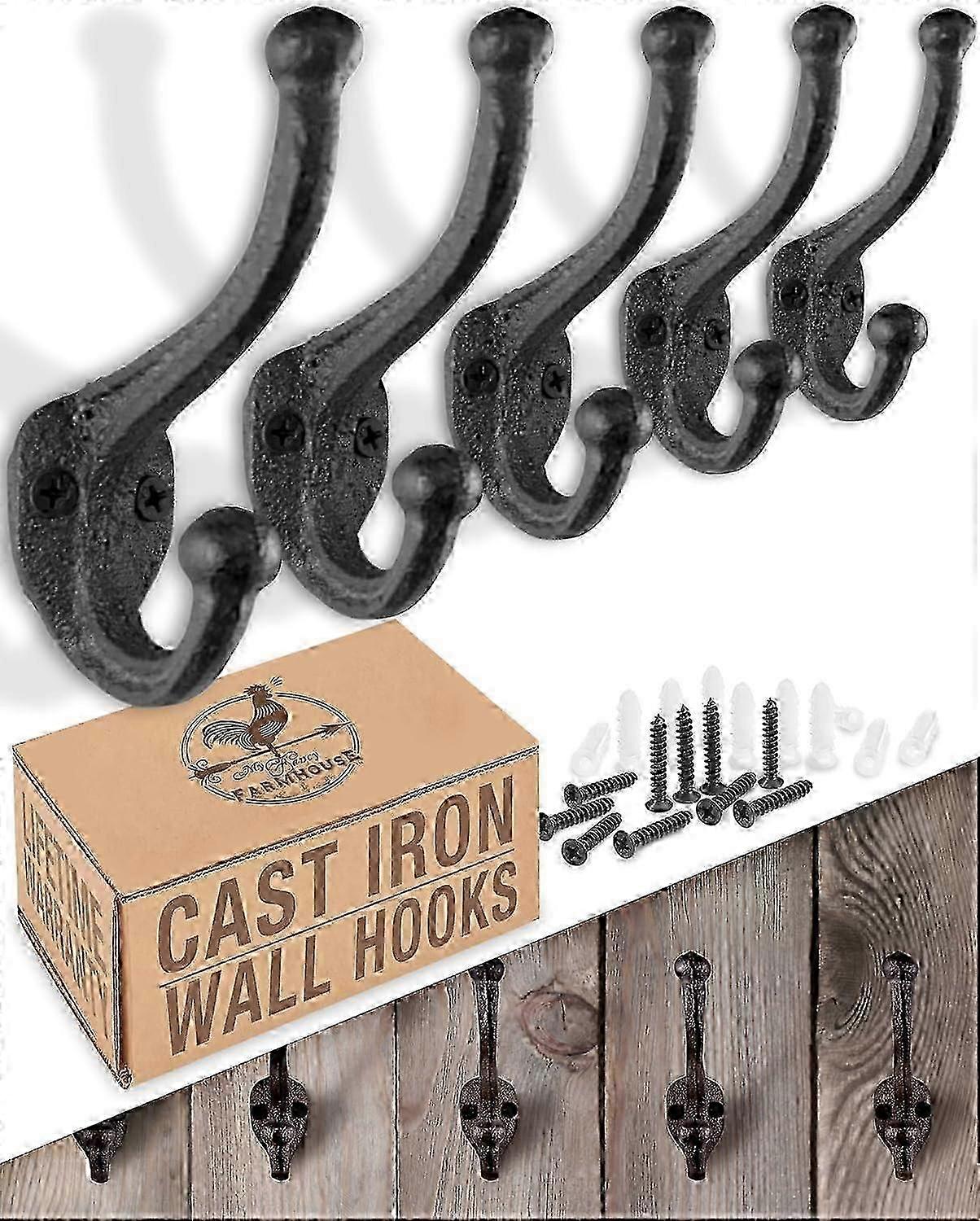 Rustic Cast Iron Coat Hooks (5 Pack) Wall Mounted Farmhouse Decorative Wall Hooks, Vintage Hooks for Cs