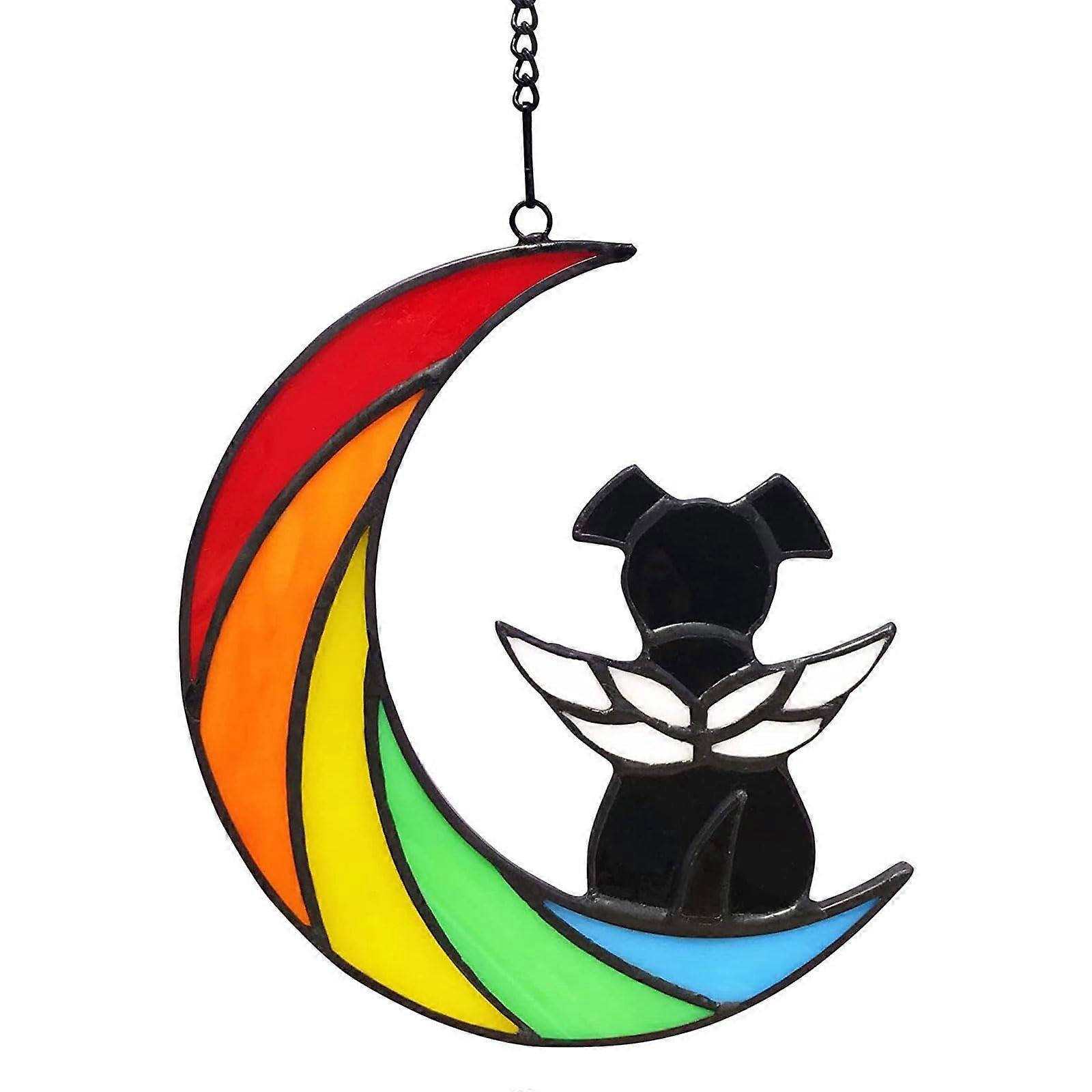 Pet Memorial Keepsakes Handmade Stained Glass Panel Moon Sculpture Chain Home Decor Dog Loss Sympathy Gift
