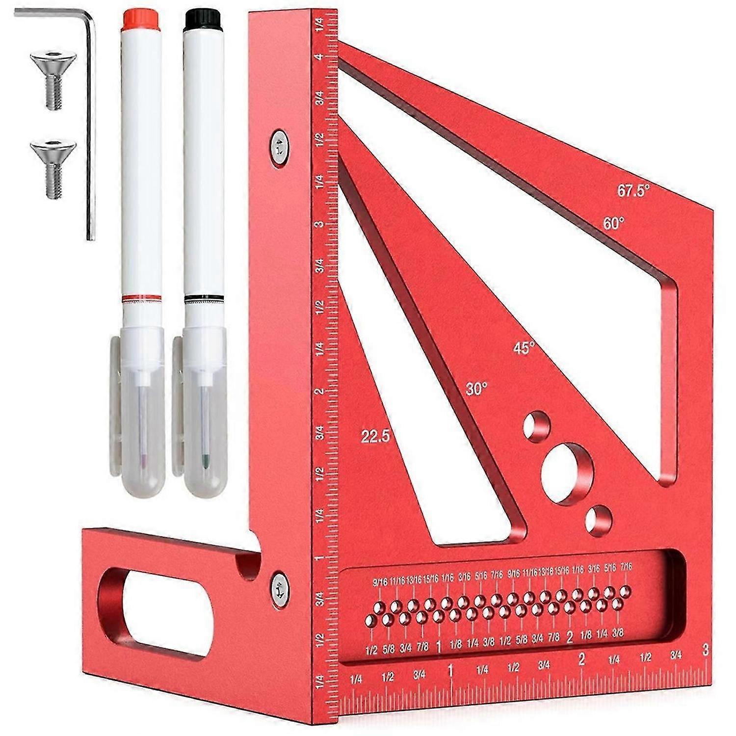 3D Multi Angle Measuring Ruler with 2 Pens, 22.5-90 Degree Aluminum Alloy Woodworking Square, Drawin