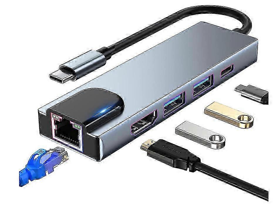 2025 USB C Hub Multiport Adapter, 5 in 1 USB C Docking Station with 4K HDMI, RJ45 Ethernet, USB3.0, 100W PD, Gray
