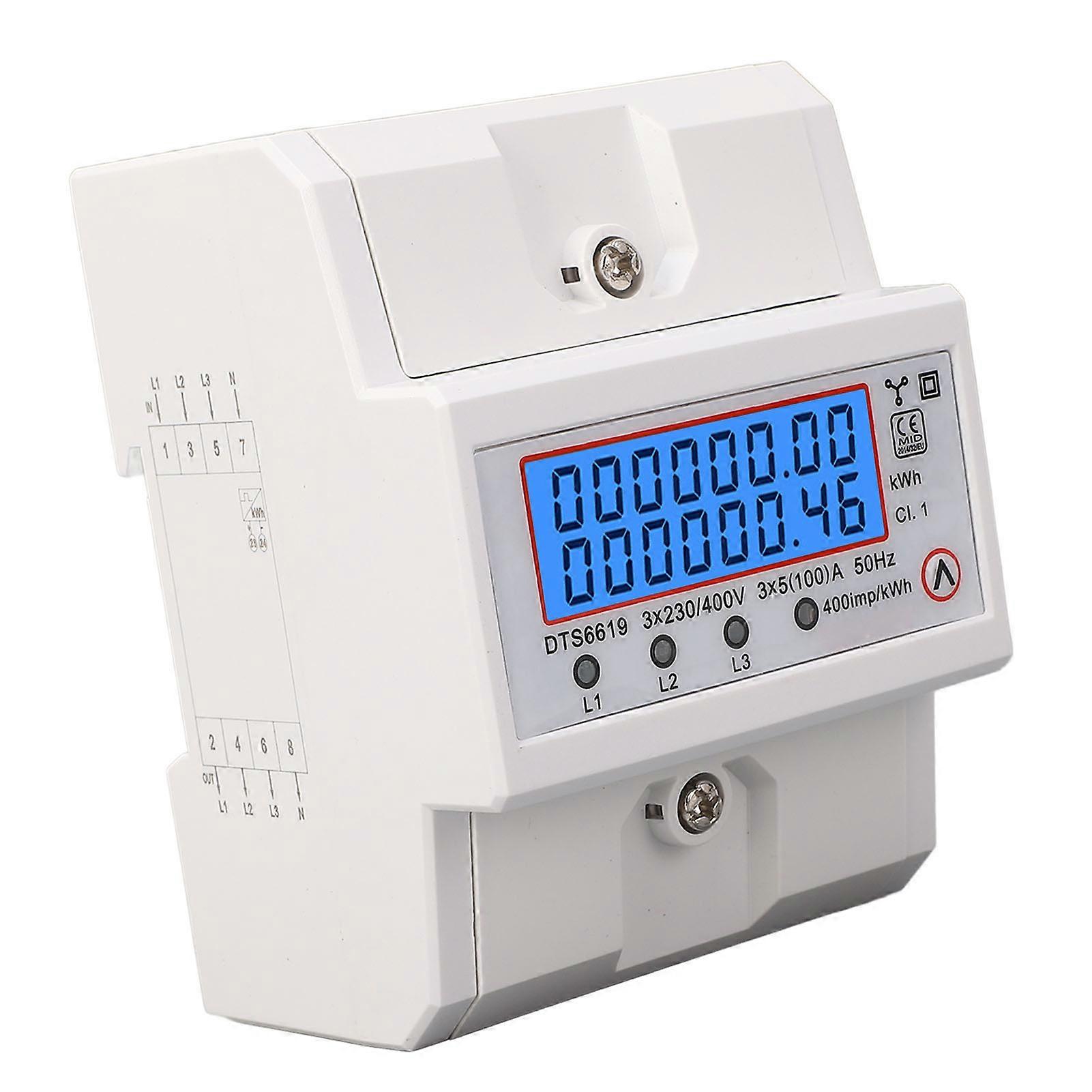 DIN Rail Energy Meter 3 Phase 4 Wire Backlit LCD Display Home Electricity Usage Meter 