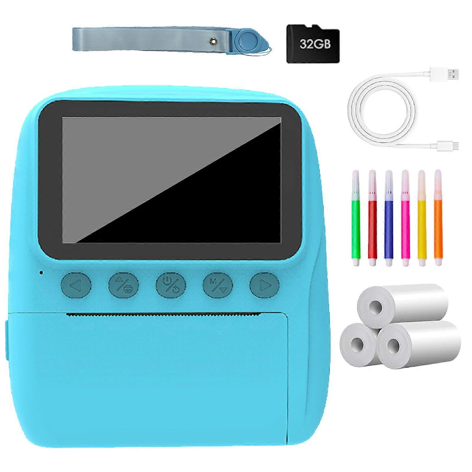 Portable Children Camera Instantly Camera 3Inch Clear Display Rechargeable Battery Safe ABS Shell Gift for Boy Girl  Sky blue