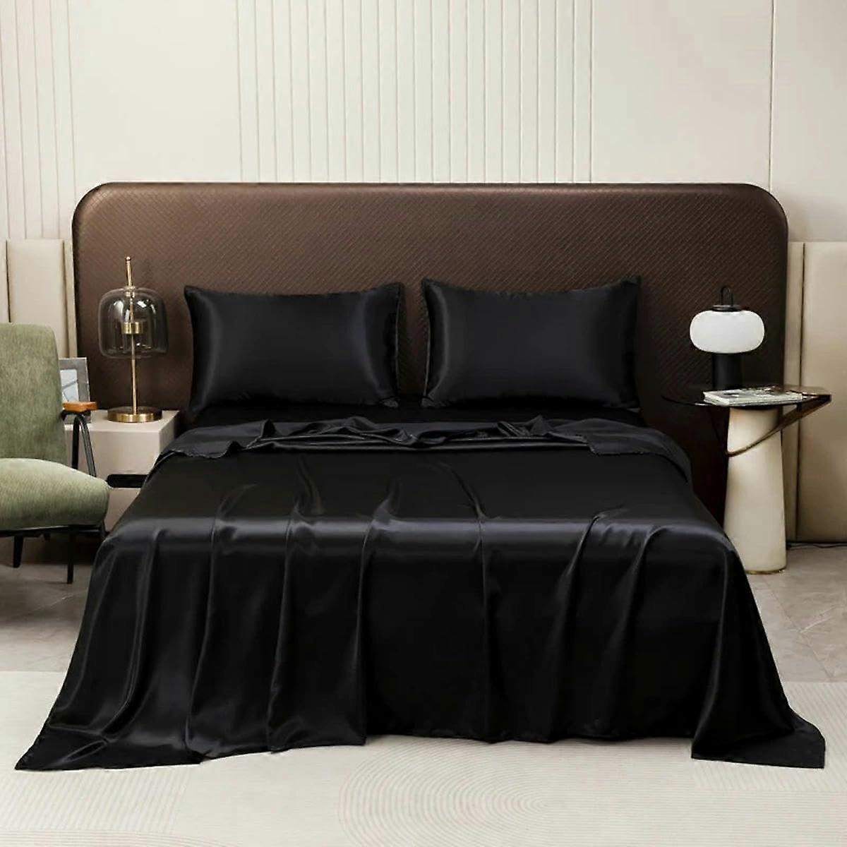 Black Satin Silk King Size Bed Sheet Set with Pillowcases, 3 Piece Solid Bedding 270x246cm