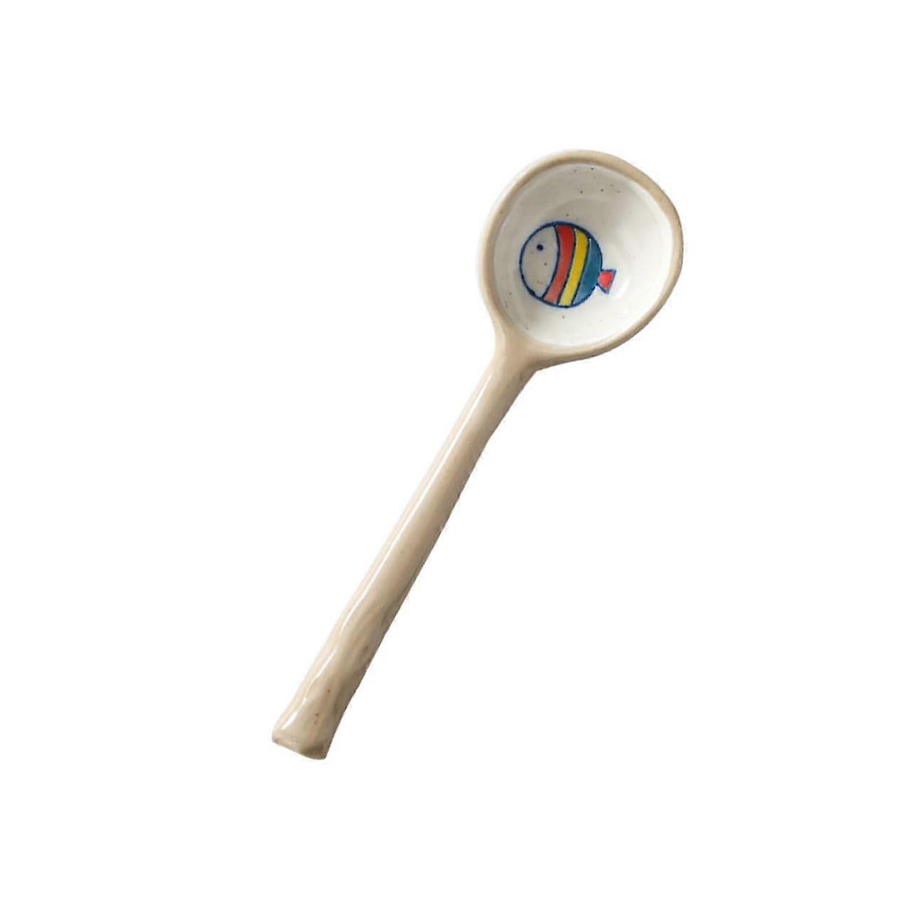 Ceramic Soup Spoon with Long Handle and Cartoon Design for Rice Porridge Salad Dessert Parties