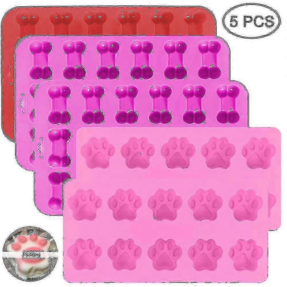 5 Pack Silicone Ice Molds Trays With Puppy Dog Paw And Bone Shape