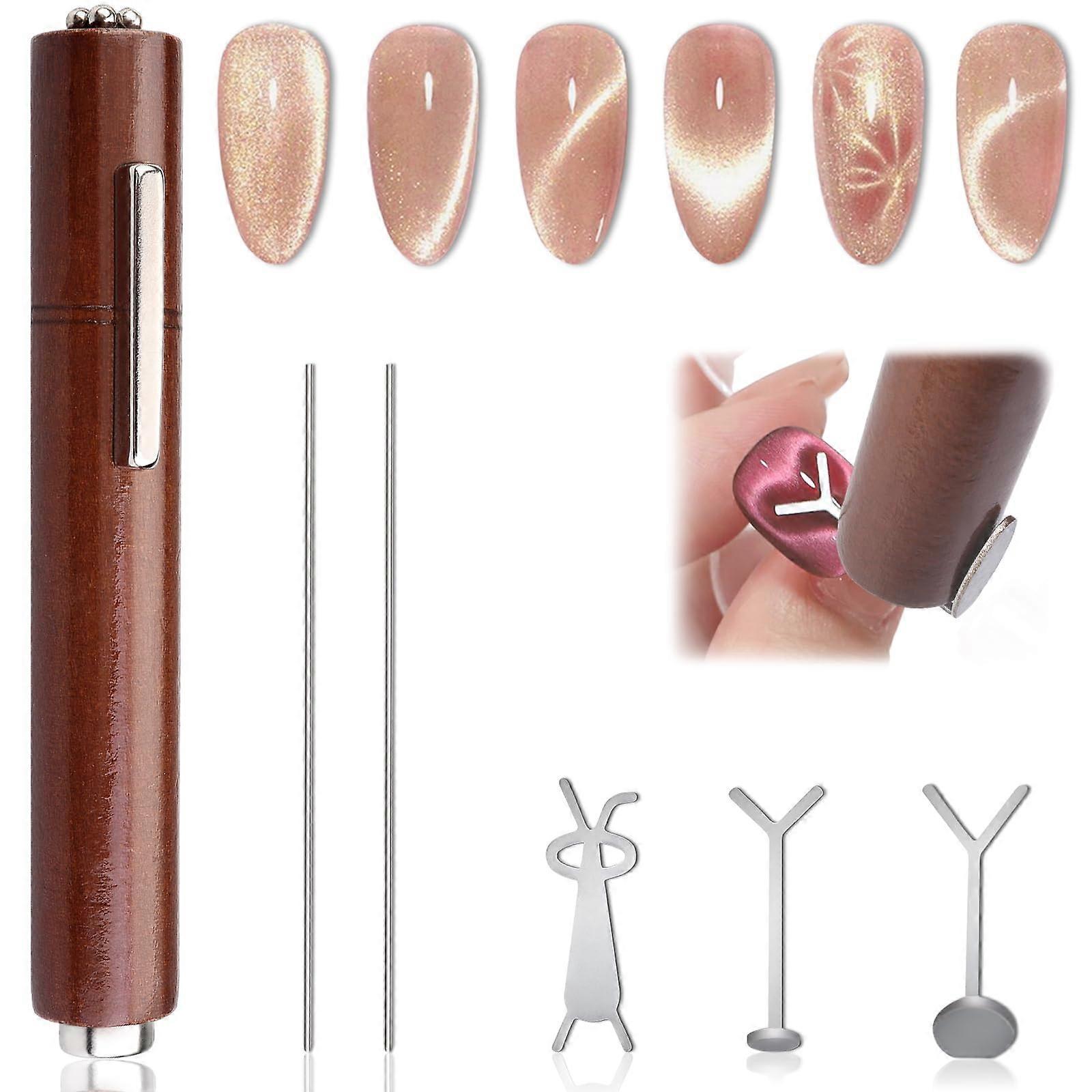 3 in 1 Cat Eye Nail Magnet Tool with Wooden Handle for Precision Magnetic Nail Art Styling