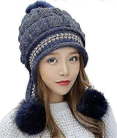 Women's Knitted Slouchy Chunky Baggy Soft Exquisite Hat With Three Pompomsblue