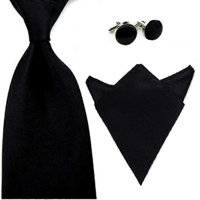 Men Solid Plain Satin Wide Necktie Handkerchief Pocket Square Cufflink Tie Set