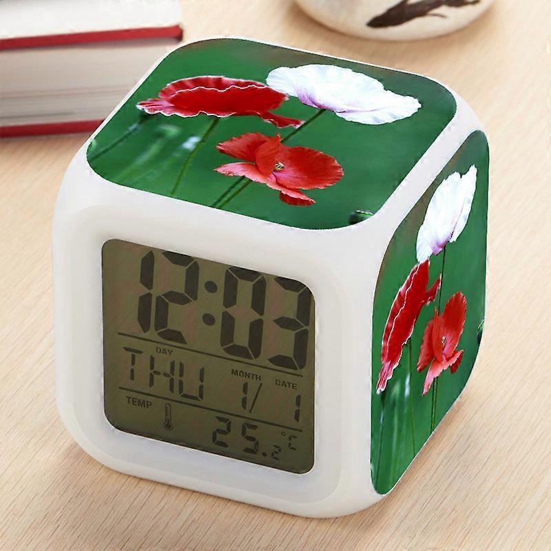 Poppy Pattern Mini Alarm Clock, Creative LED Seven-Color Changing Square Clock, Xianyuan Electronic Clock