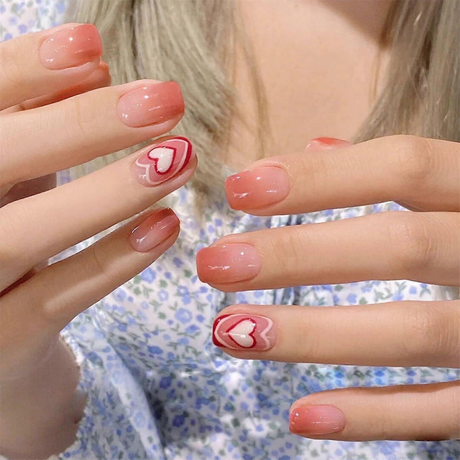 Gradient Pink Press On Nails with Heart Design, Short Square 24pcs Reusable Full Coverage Set