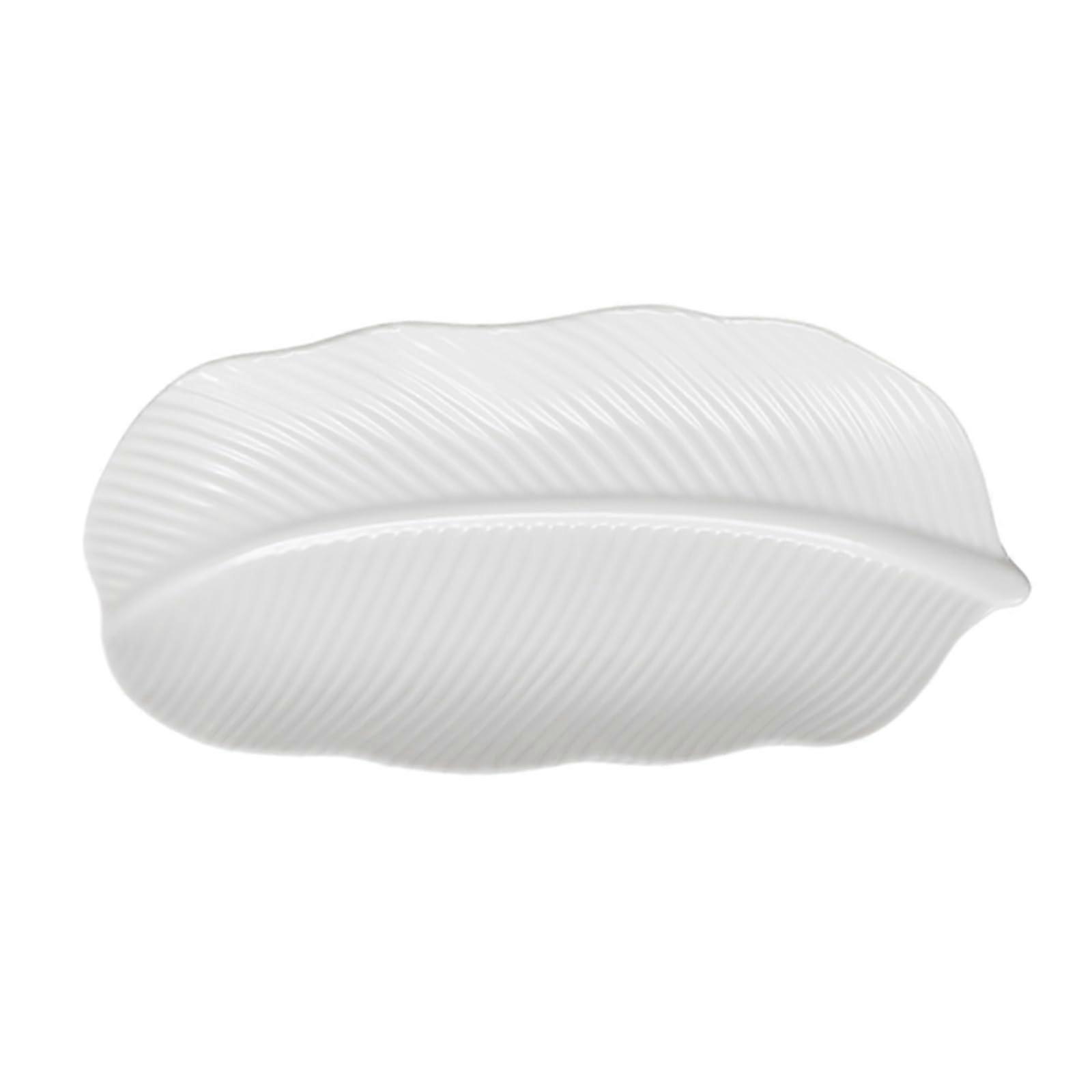 White Ceramic Sushi Plate, Scratch Resistant Banana Leaf Design, Fish Shape Serving Dish 30.5x14.5cm