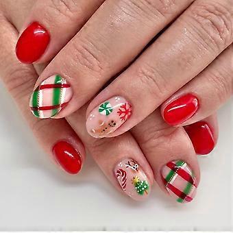 Christmas Short Almond Press on Nails with Snowflake and Gingerbread Designs, Reusable Holiday Set