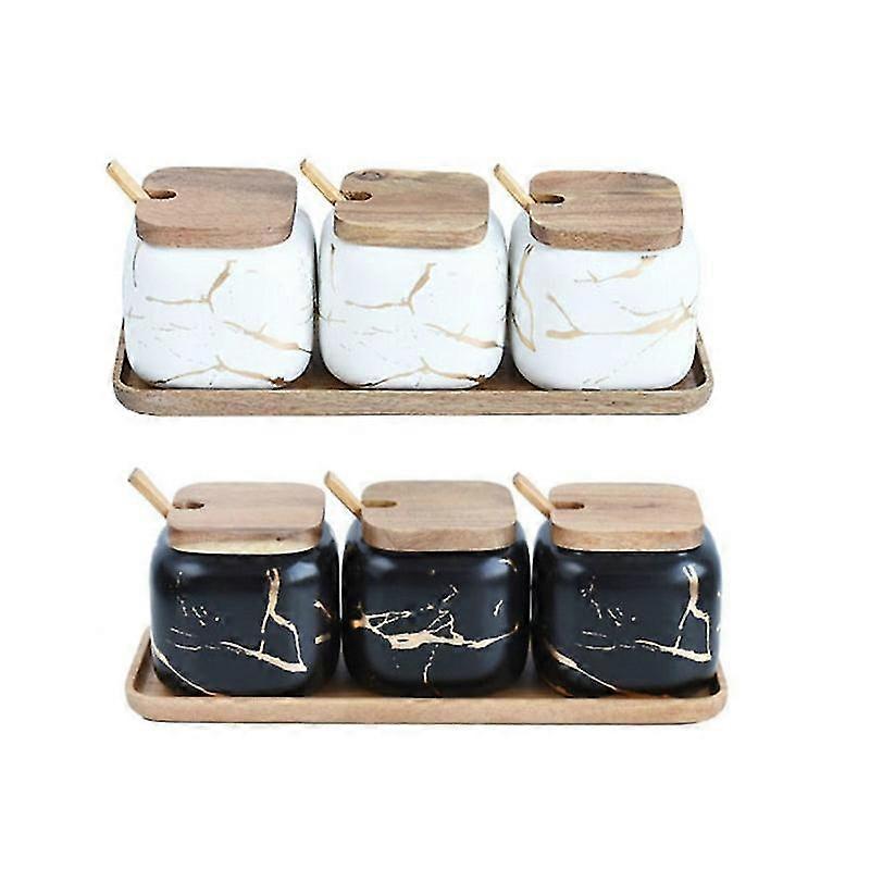 3Pcs Ceramic Spice Jar Set with Lids and Spoons, Marble Pattern Kitchen Containers with Tray