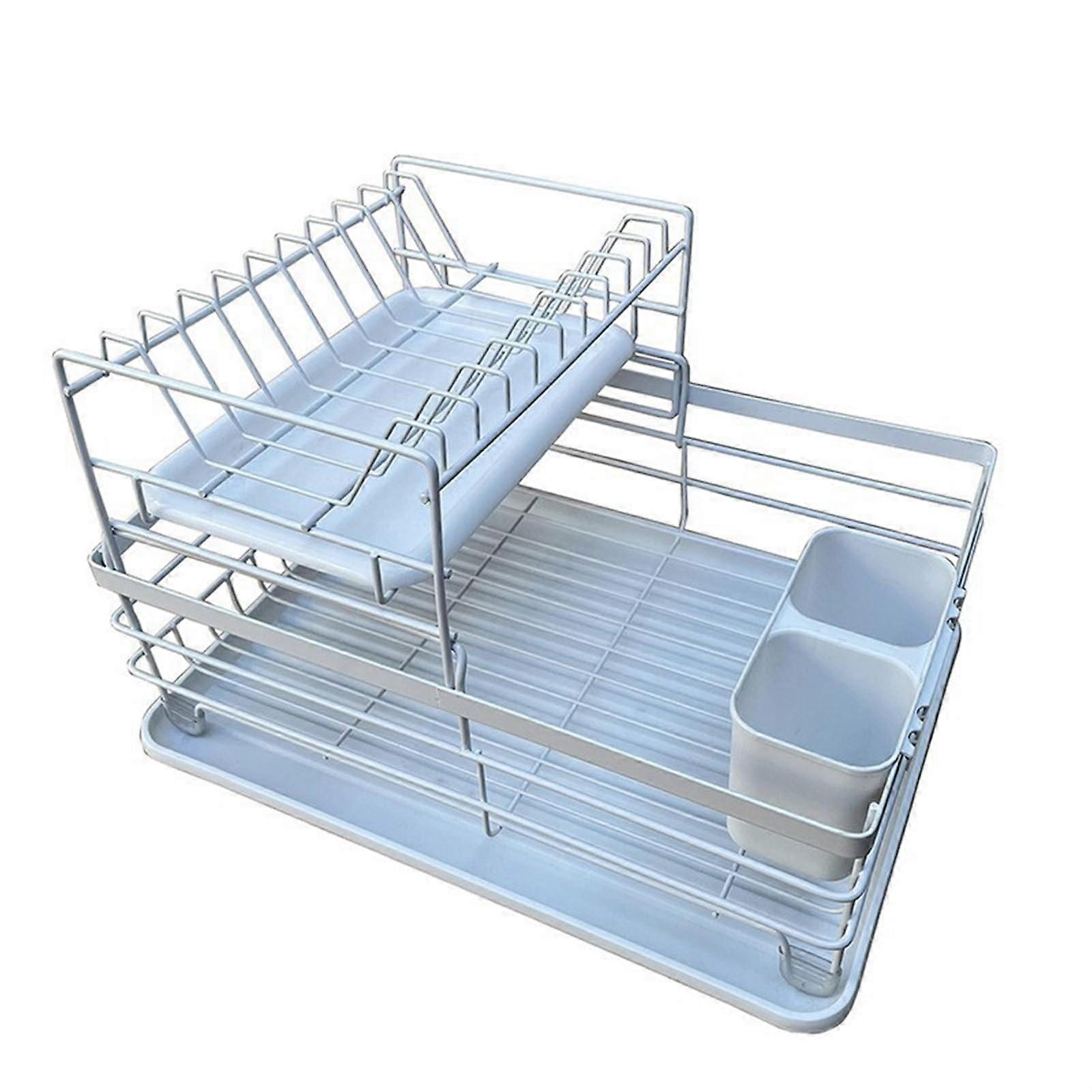 Double Layer Dish Drying Rack for Countertop, Metal Kitchen Rack with Utensil Holder, White
