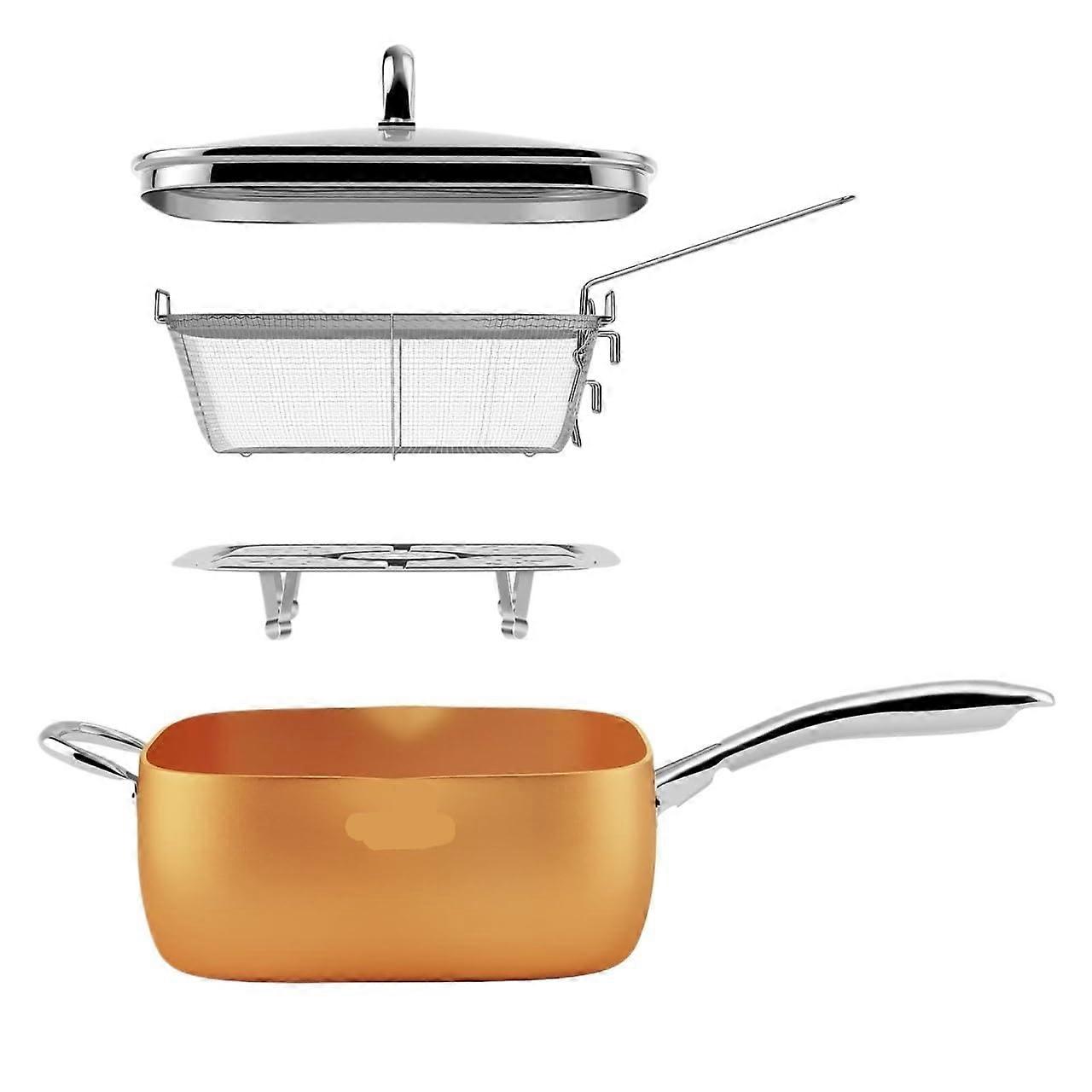 Nonstick Deep Square Frying Pan Set with Lid Basket Rack, 9.5 Inch Ceramic Induction Cookware