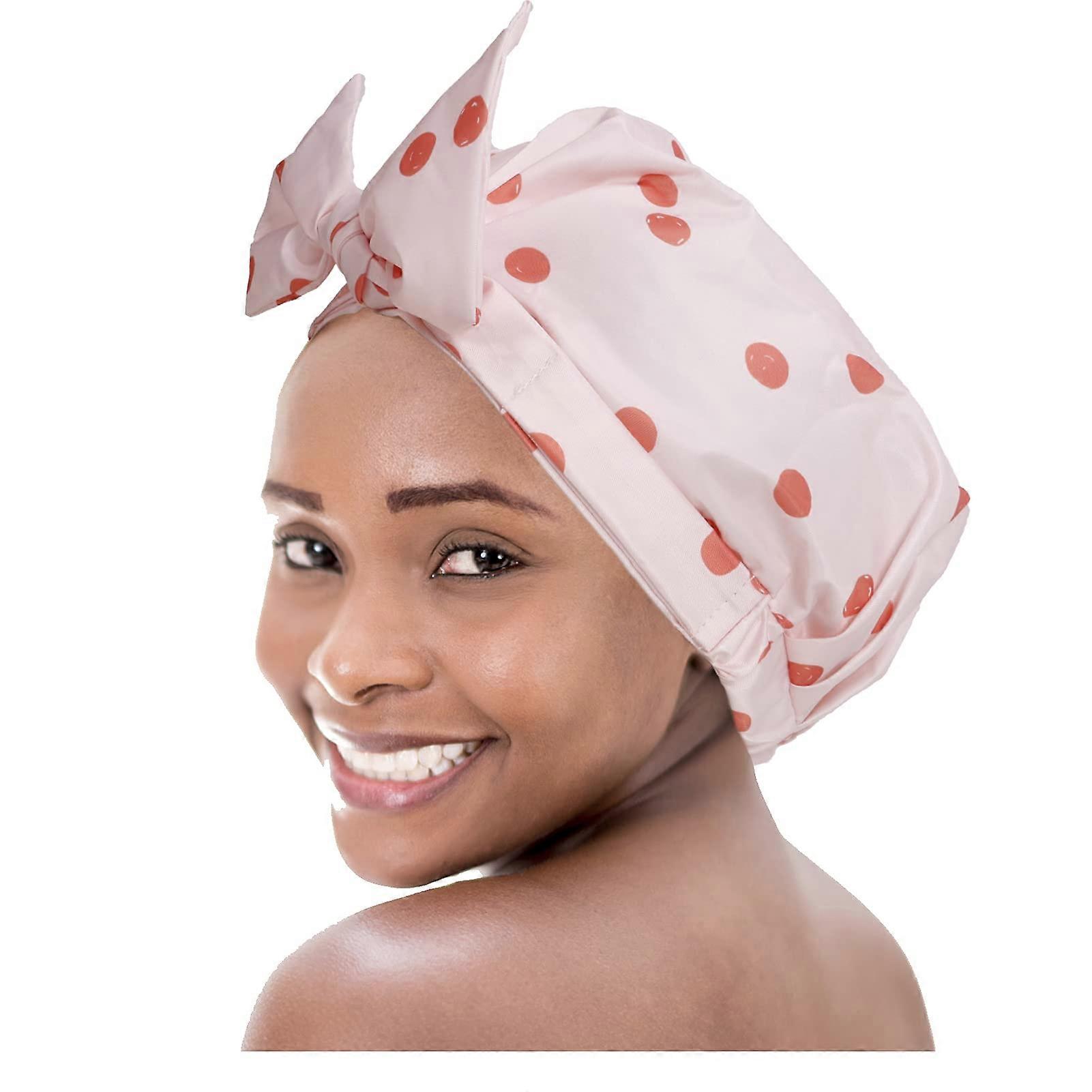 Waterproof Shower Cap for Women with Adjustable Bowknot, Reusable Oxford Cloth, Dot Pattern