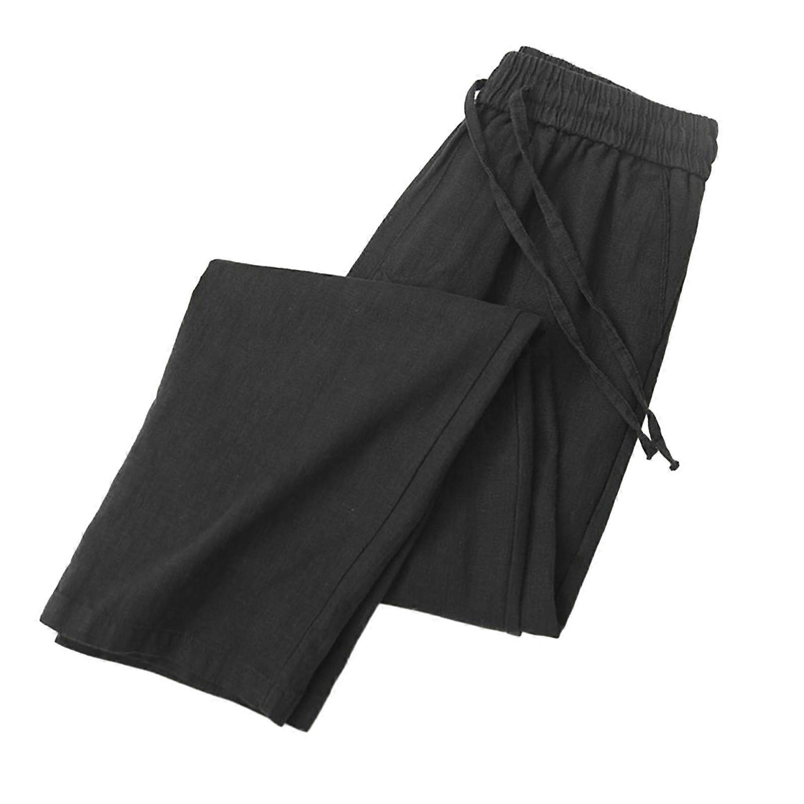 Men Long Pants Adjustable Drawstring Elastic Waist Casual Trousers with Pockets Solid Color