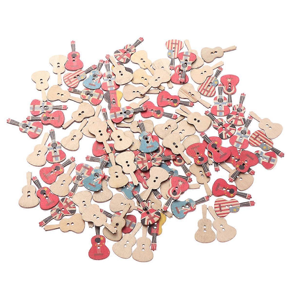 Guitar Shape Wooden Button for Sewing 100Pcs Assorted Colorful Patterns