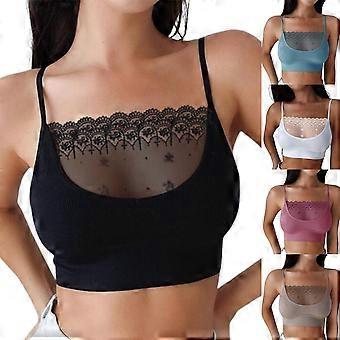 Dam-BH Spets Patchwork Sexig Ren Färg Genomskinlig Crop Top Bustier För Vardagsbruk, Svart, XL