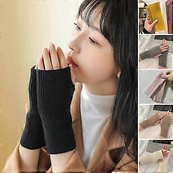 1 Paar Damen-Handschuhe für Herbst und Winter, einfarbig, halbfingerig, dehnbar, gestrickt, fingerlos, mit Daumenloch, für Outdoor-Aktivitäten, Rosa