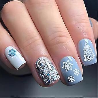 Christmas Press On Nails Blue Snowflake Design Short Acrylic Fake Nails Holiday Manicure Kit
