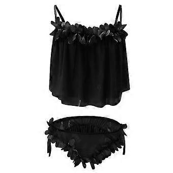 Completo pigiama da donna a due pezzi con reggiseno e slip in pizzo, abbigliamento da notte floreale, pigiama con spalline in pizzo, camicia da notte nera
