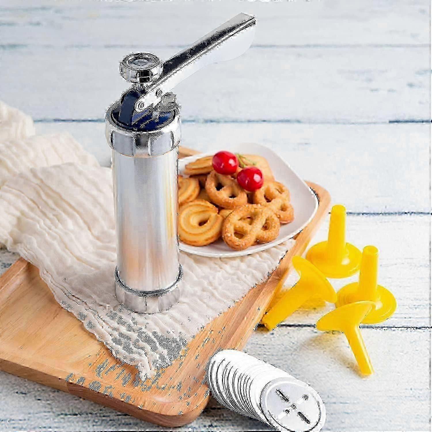 Stainless steel cookie press with 20 interchangeable discs