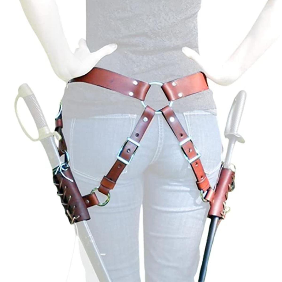 Women Medieval Leather Double Scabbard Belt Vintage Warrior Dual Sword Sheath Cosplay Waist Accesso