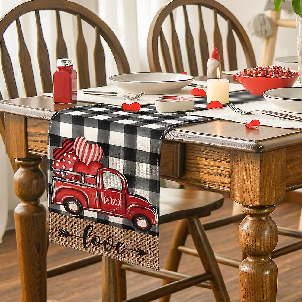 Watercolor Buffalo Plaid Hearts Truck Love Valentine's Day Table Runner ...