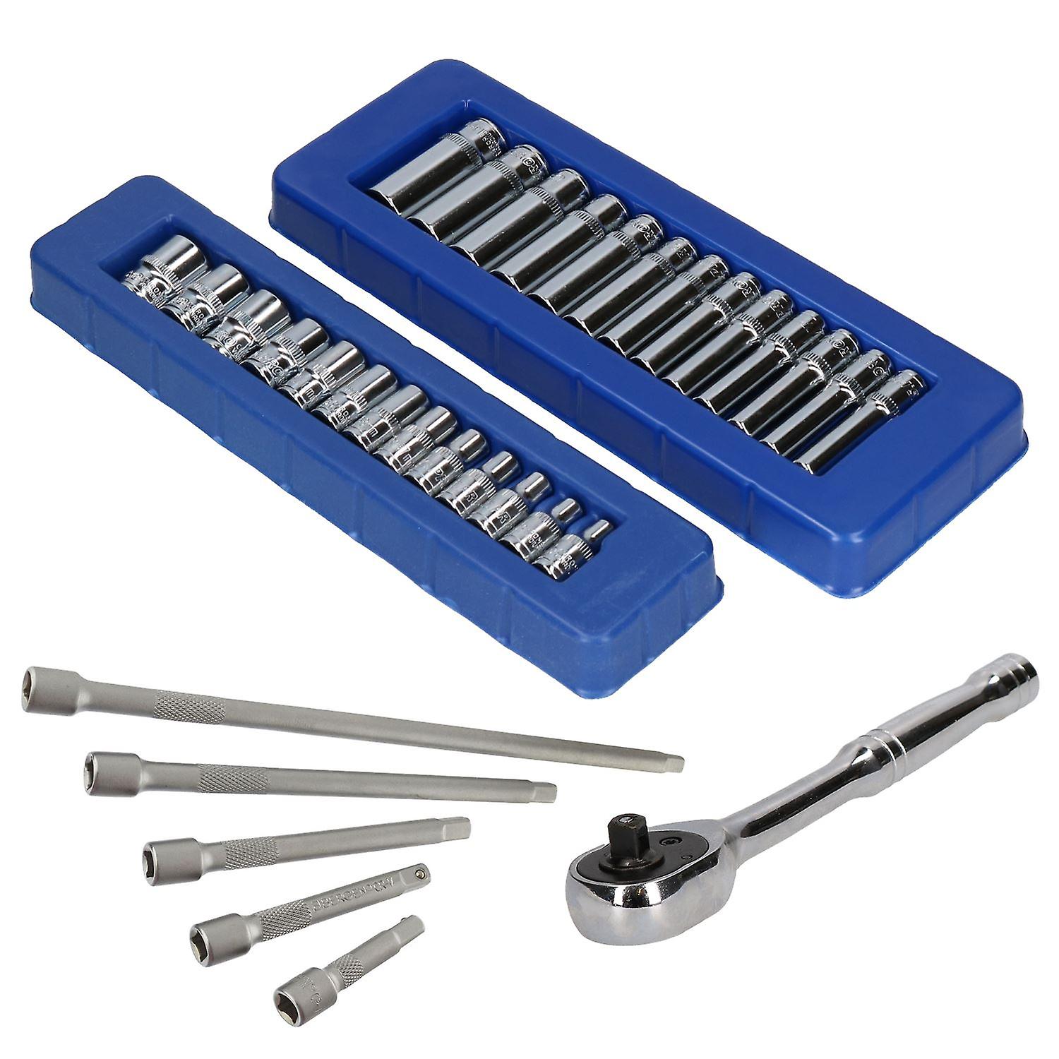 1/4" Drive Metric 6 Sided Sockets Shallow + Deep Extensions + Ratchet 32pc