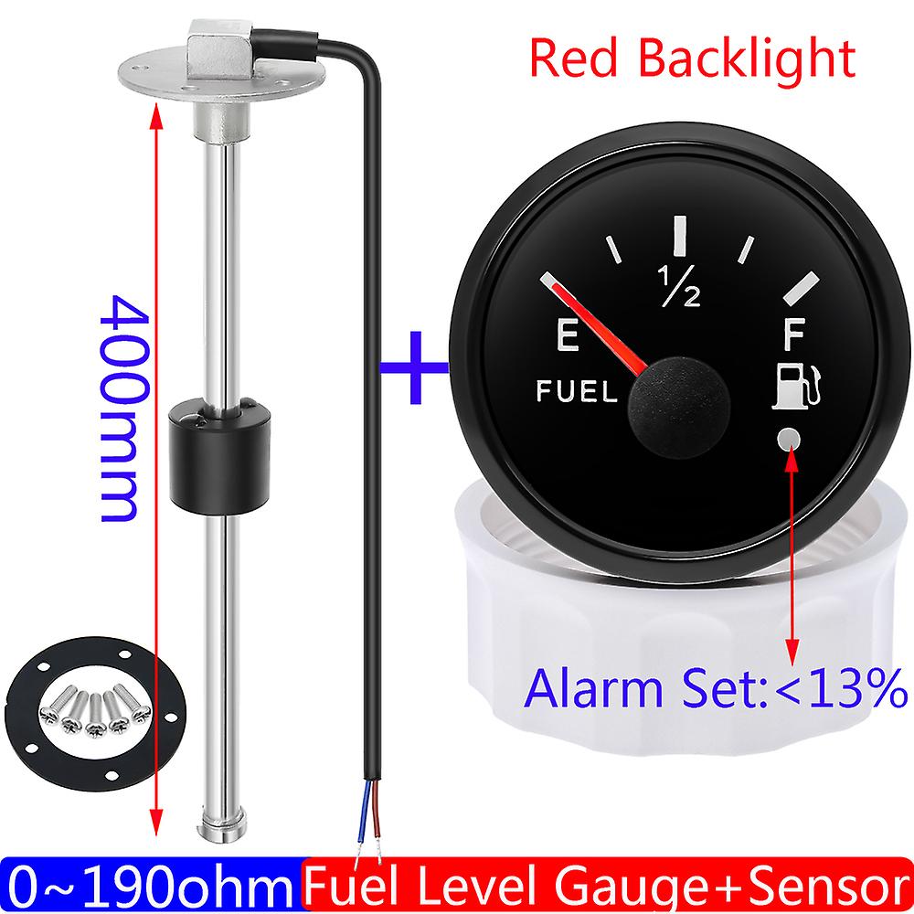 0~190 Ohm Fuel Level Sensor+fuel Level Gauge With Alarm Red Light 2\" 52mm Oil Tank Level Meter For Boat Marine Rv Camper 12v 24v