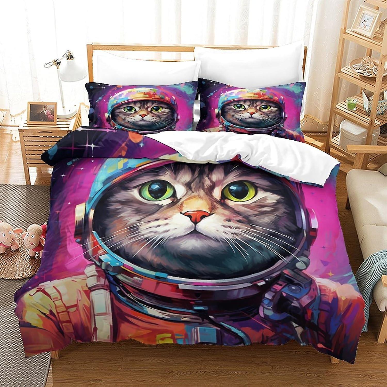 3D المطبوعة الفضاء القط غطاء لحاف مجموعة مجموعات الفراش القط الصغير سوكات لينة جدا غطاء لحاف مع إغلاق سحاب للمراهقين الكبار 3 قطعة مجموعة الملك