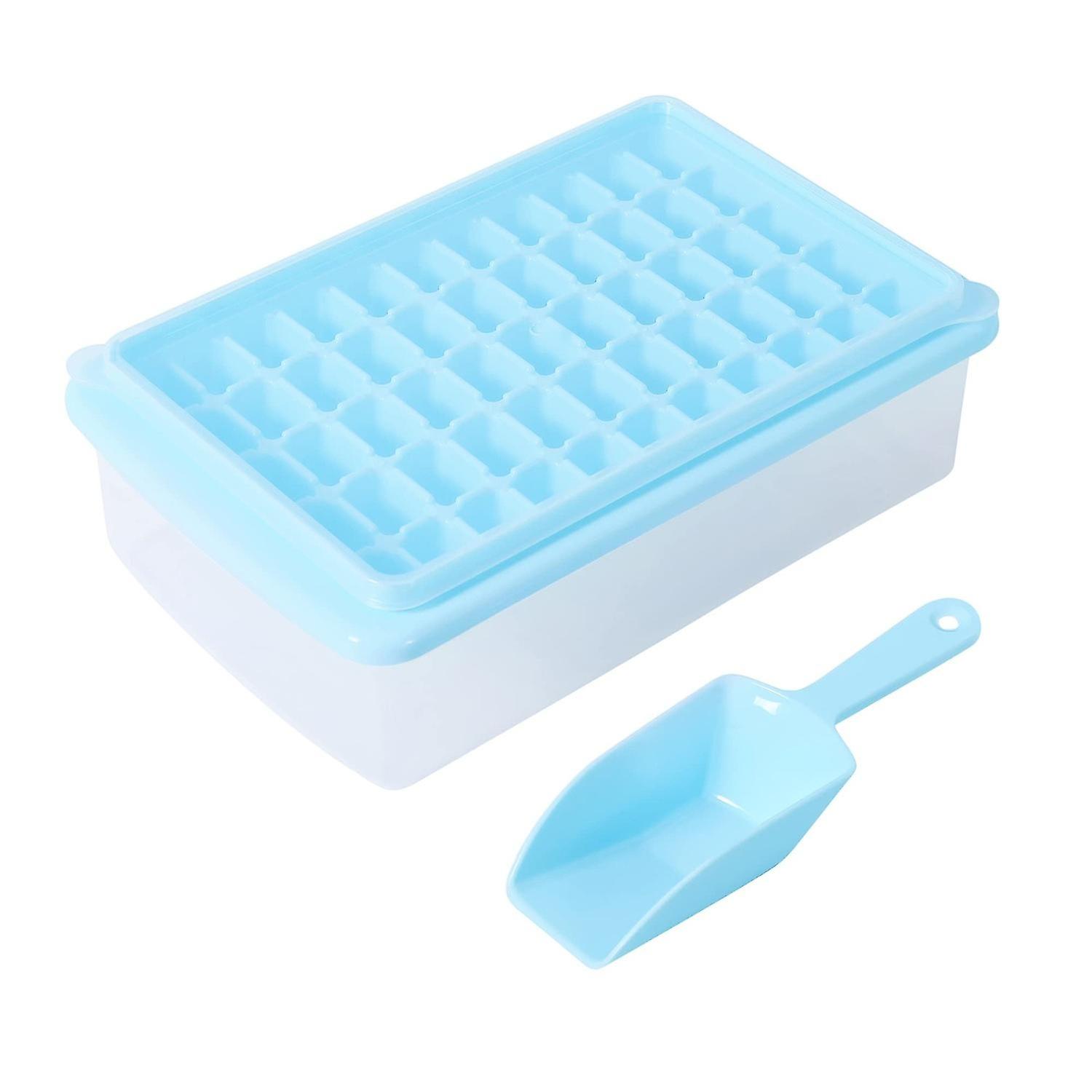 Ice cube tray with lid and freezer, pink tray, storage container, spoon. Soft durable plastic, BPA f