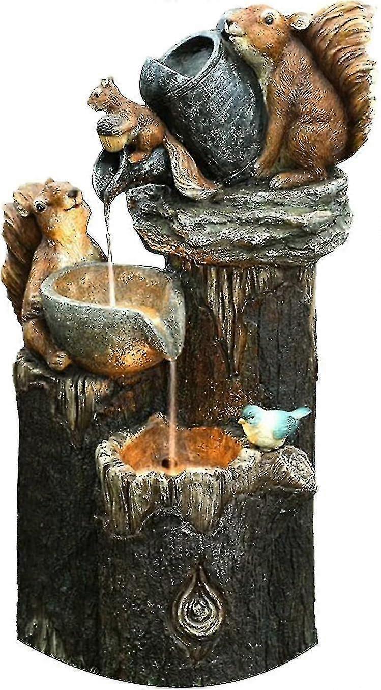 Solar Squirrel Stacked Waterfall Fountain with LED Lights and Pump, Resin Squirrel Garden Fountain Statue for Outdoor Patio Garden
