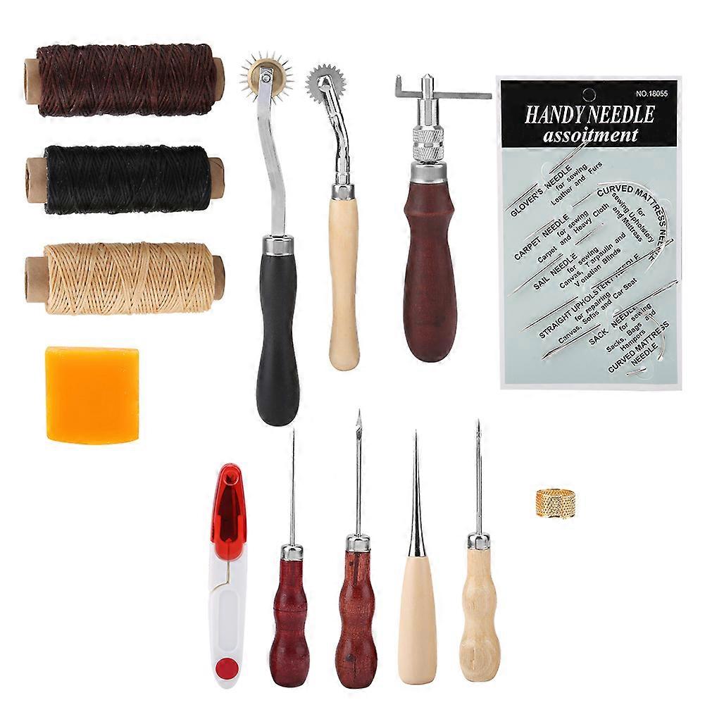 14Pcs/ Set Leather Craft Hand Stitching Sewing Tool Thread Awl Waxed Thimble Kit