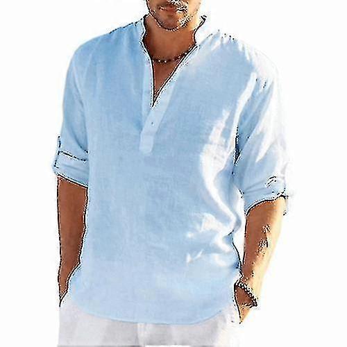 Yaz Erkek Keten Uzun Kollu Gömlek Katı Renk Gevşek Rahat Gömlek Üst Pamuk