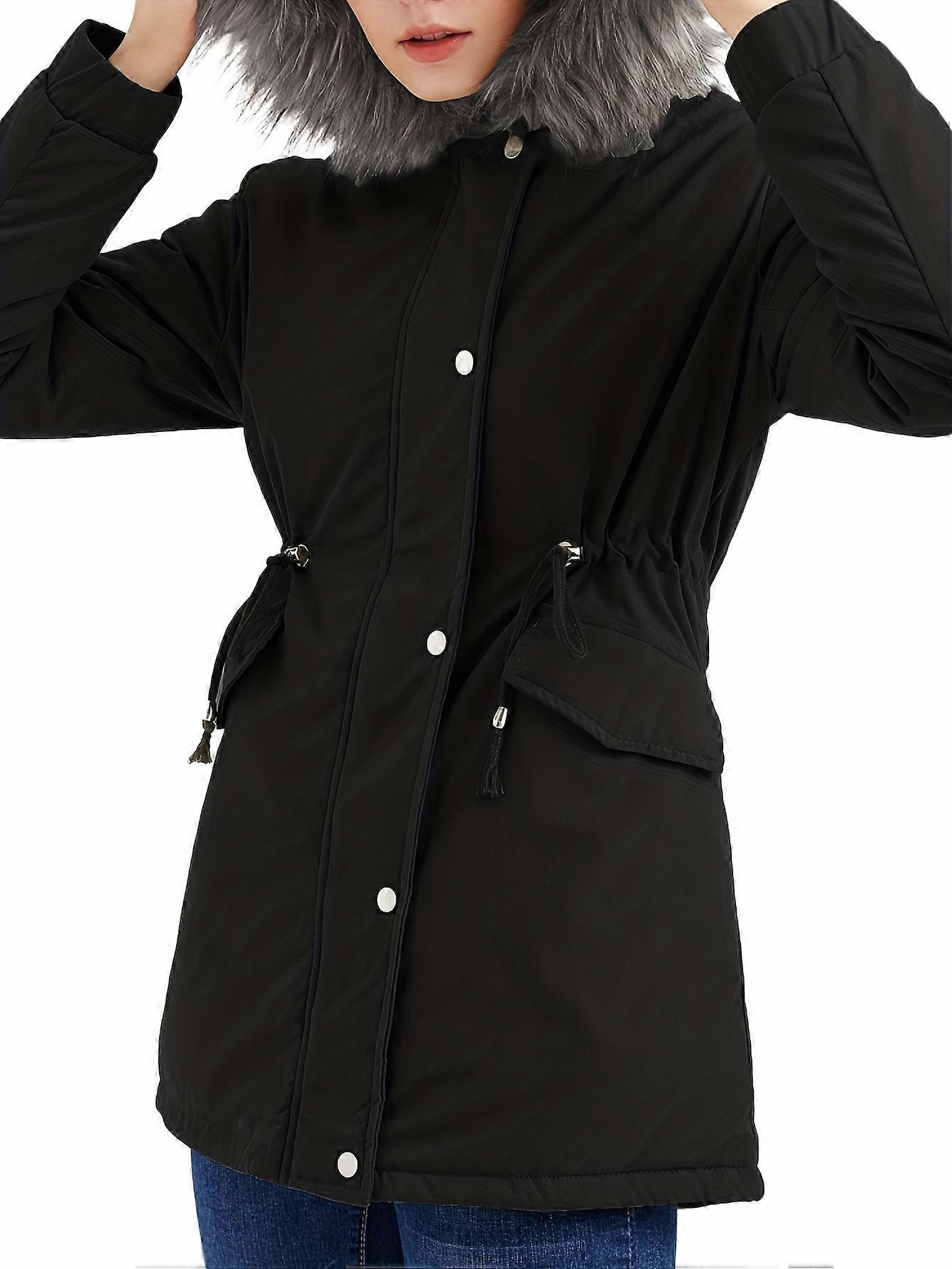 Fluffy Trim Warm Hooded Coat, Casual Drawstring Long Sleeve Winter Outerwear, Women's Clothing