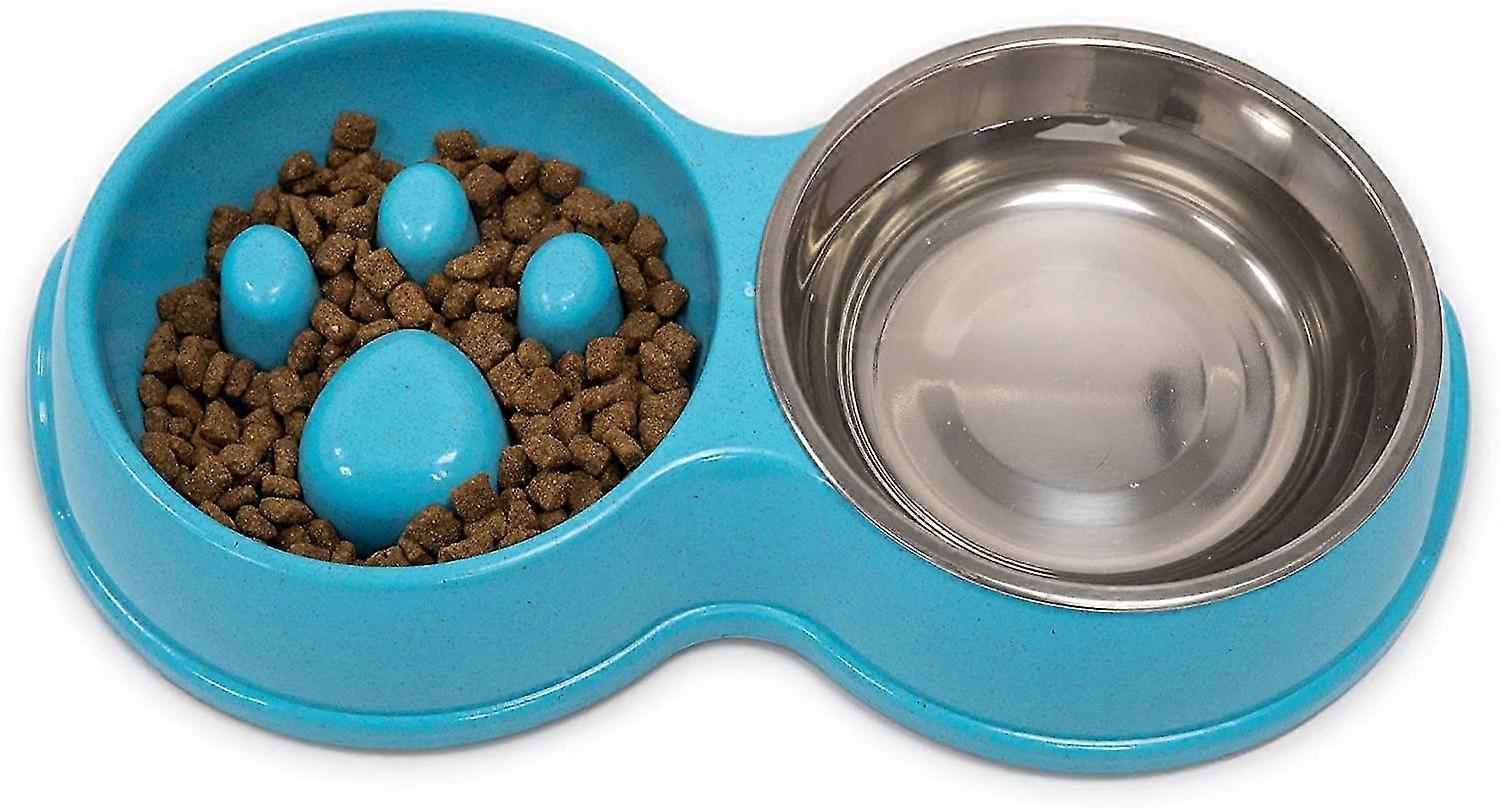Double Feeder Slow Feeder Interactive Feeder Stainless Steel Non-slip Blue