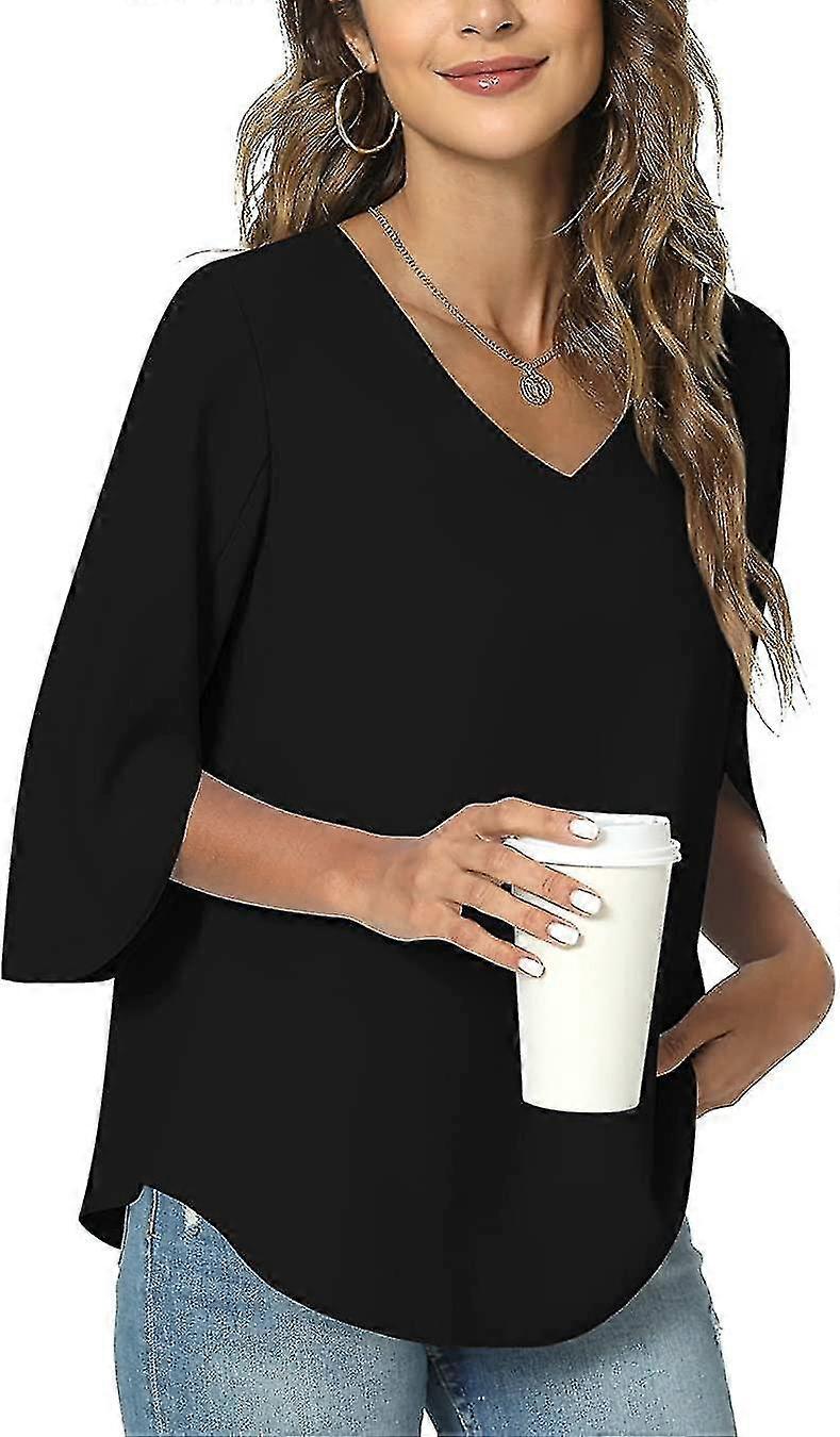 2023 قميص كاجوال نسائي صيفي ، بلوزة تونيك فضفاضة برقبة V للطماق ، بلوزة شيفون مقسمة 3/4 أكمام