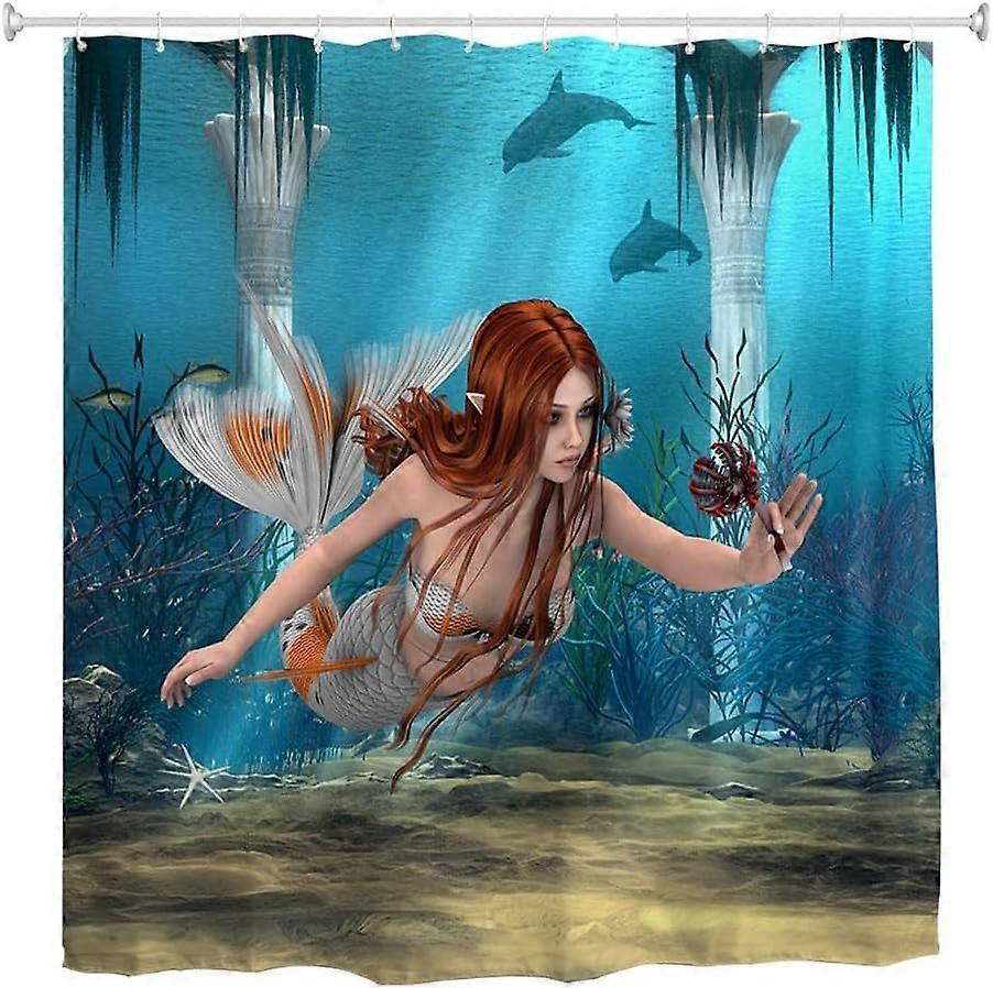 Mermaid Pattern, Waterproof and Mildew Proof Polyester Shower Curtains, Bathroom Curtains with Hooks by