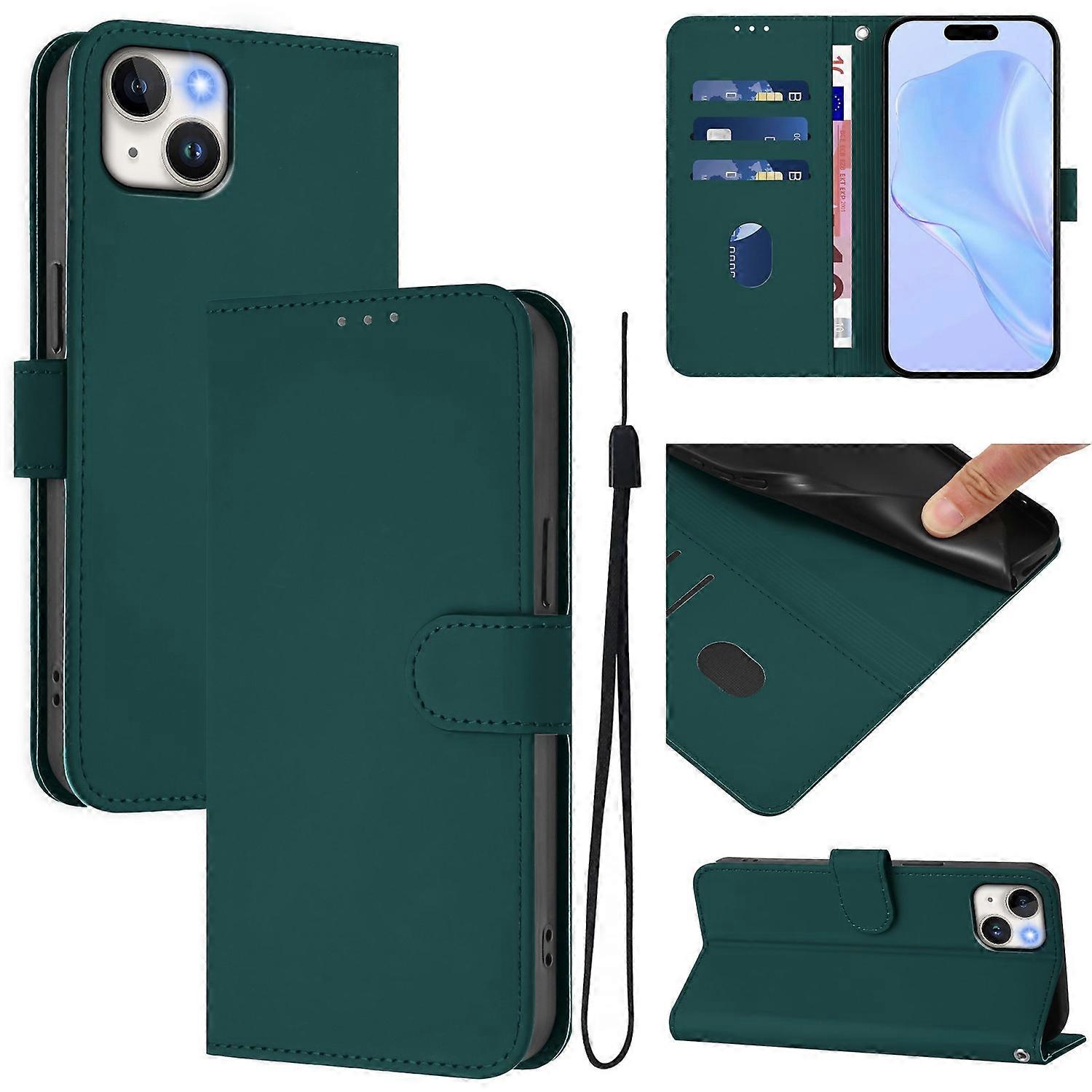 For iPhone 15 Plus Case Solid Color Wallet Leather Phone Cover with Strap - Dark Green