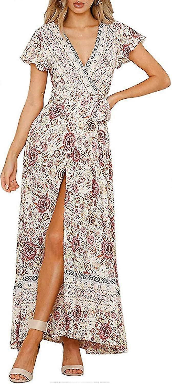 Women's Bohemian Fl Printed Wrap V Neck Short Sleeve Split Beach Maxi