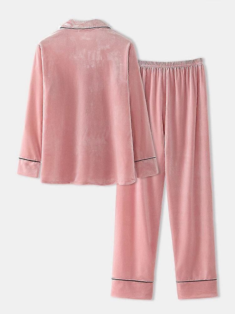 Plus Size Velvet Pajama Set: Lapel Button Top & Loose Straight Pants For Women