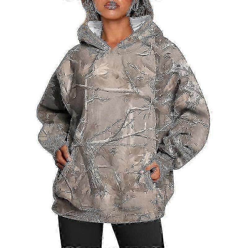Kvinners overdimensjonert Camo Print Fleece hettegenser med lommer