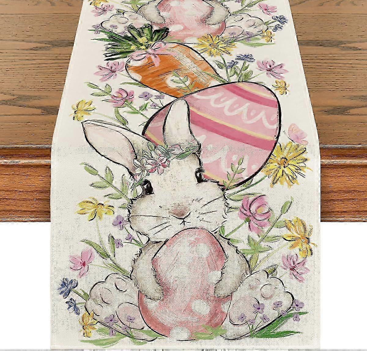 1 Pcs Easter Table Runner - Rabbit - Flowers - Carrots, Easter Eggs - Spring Kitchen Table Decoration, Indoor, Holiday, Party - 33x183cm