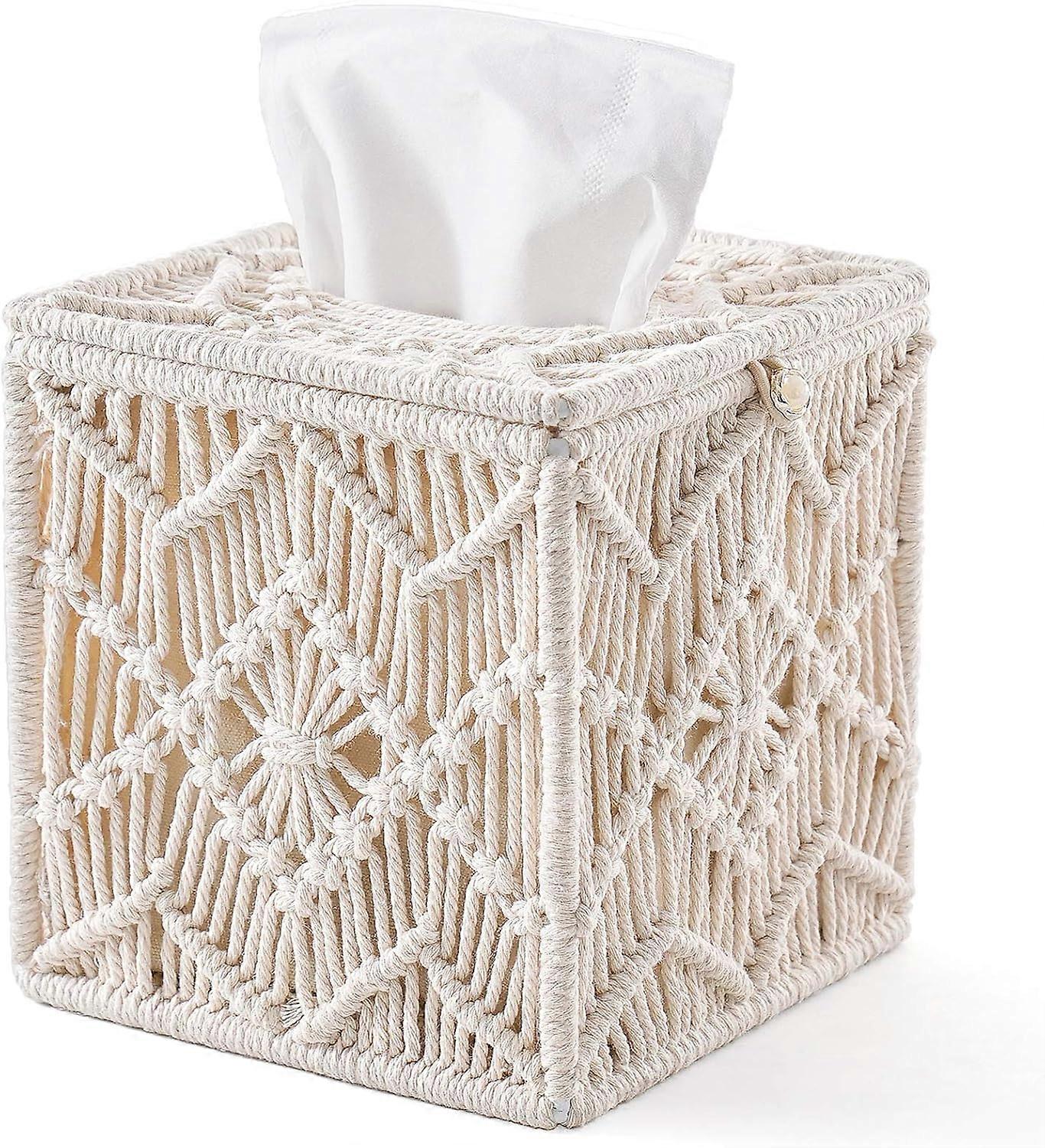 Macrame Square Tissue Box Cover, Boho Decor with Open-Bottom Design for Easy Refills, Natural Cotton Rope with Solid Iron Skeleton for Durability,