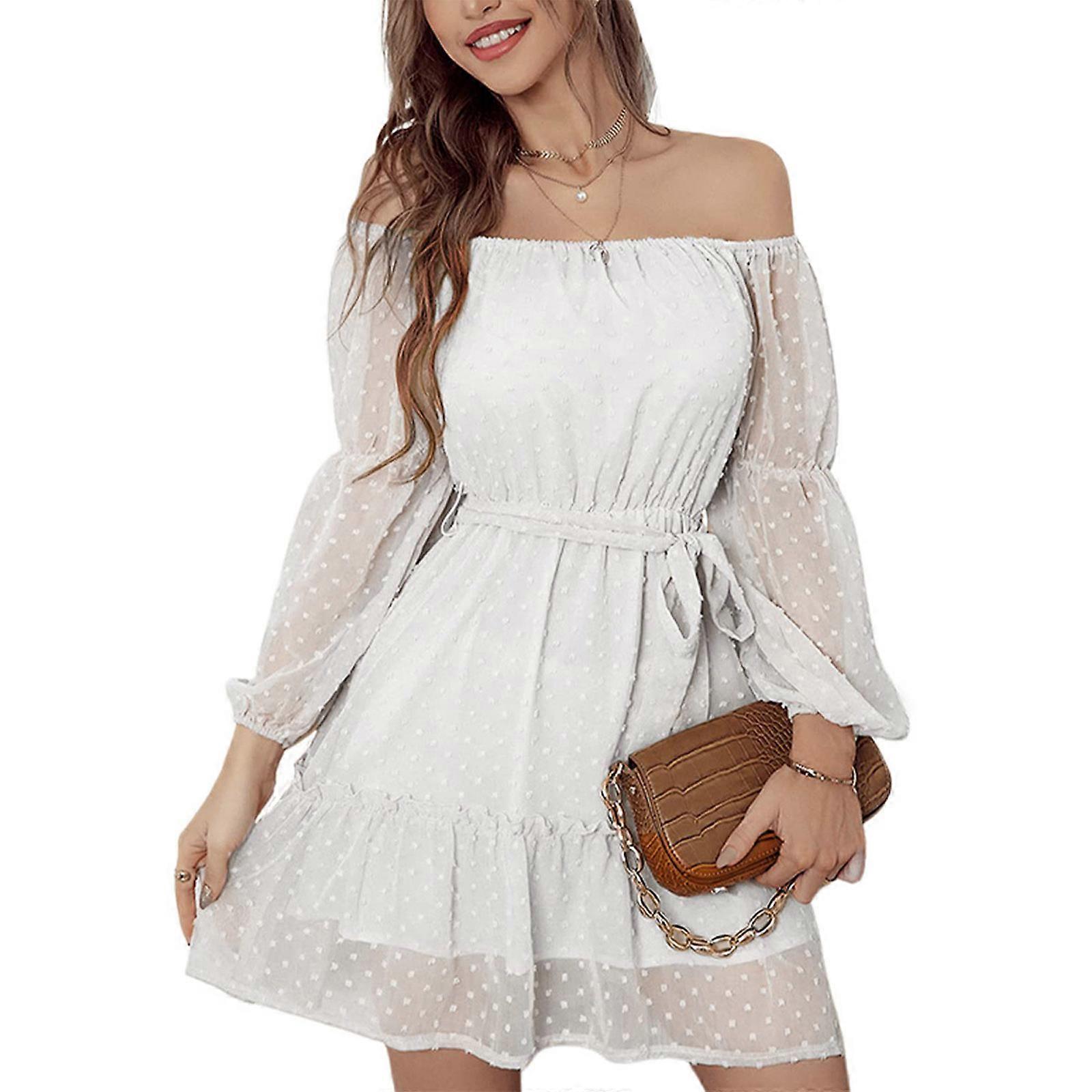 Kleid für Frauen Kurze Kleider Schulterfrei Einfarbig Langarm A-Linie Kleid mit Gürtel, Mode Urlaub Kleid Weiß XL