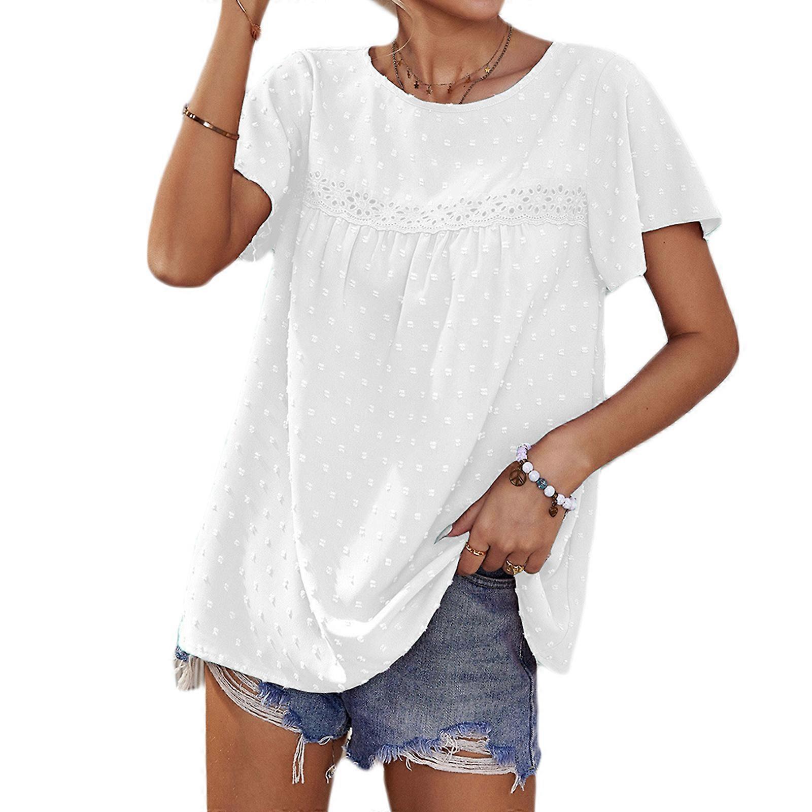 Womens Flutter Short Sleeve Tunic Tops Round Neck Solid Color Loose Flowy Blouse Shirts for Swiss Dots Pleated Front Tee White S