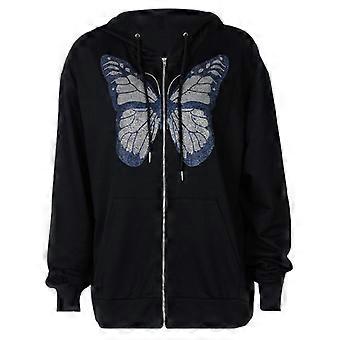 Frauen Langarm Zip Up Hoodies für Jacke für Strass für Schmetterling Grafik Sweatshirt Mantel Harajuku Oversized Loos S